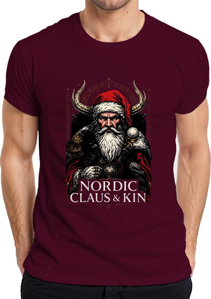 Nordic Claus Kin Wikinger Weihnachtsmann Hornhelm Raben Bart Herren T-Shirt, Burgundy, L