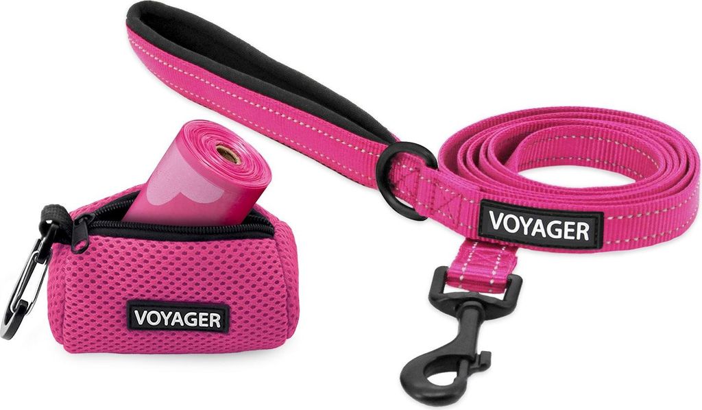 Voyager Reflektierende Hundeleine mit Neoprengriff und wiederverwendbarem Mesh Dispenser-Kotbeutel-Halter by Best Pet Supplies, Fuchsia, size S