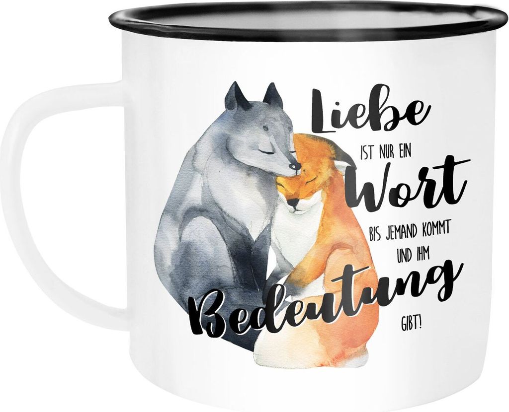 Emaille Tasse Becher Geschenk Liebe ist nur ein Wort Fuchs Liebe Spruch Liebessprüche Kaffeetasse für Verliebte Moonworks weiß-schwarz unisize