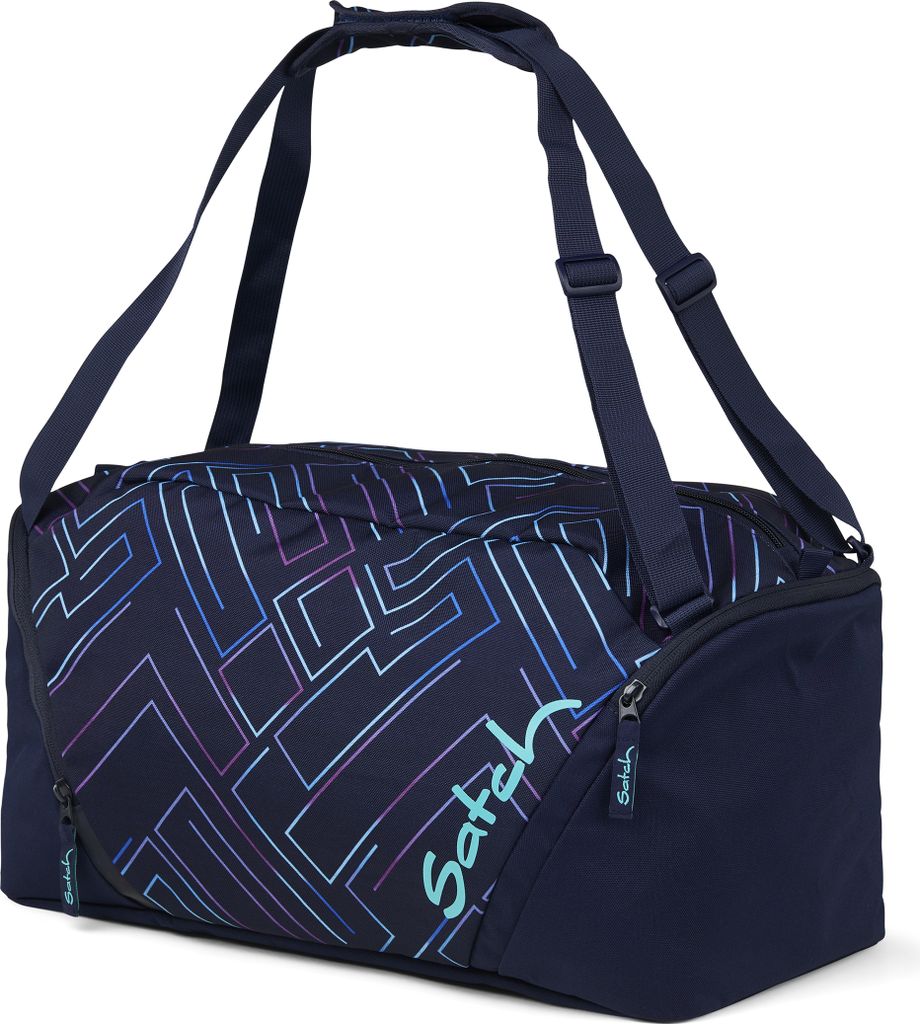A navy blue duffel bag with a geometric pattern in purple, blue, pink, and teal.