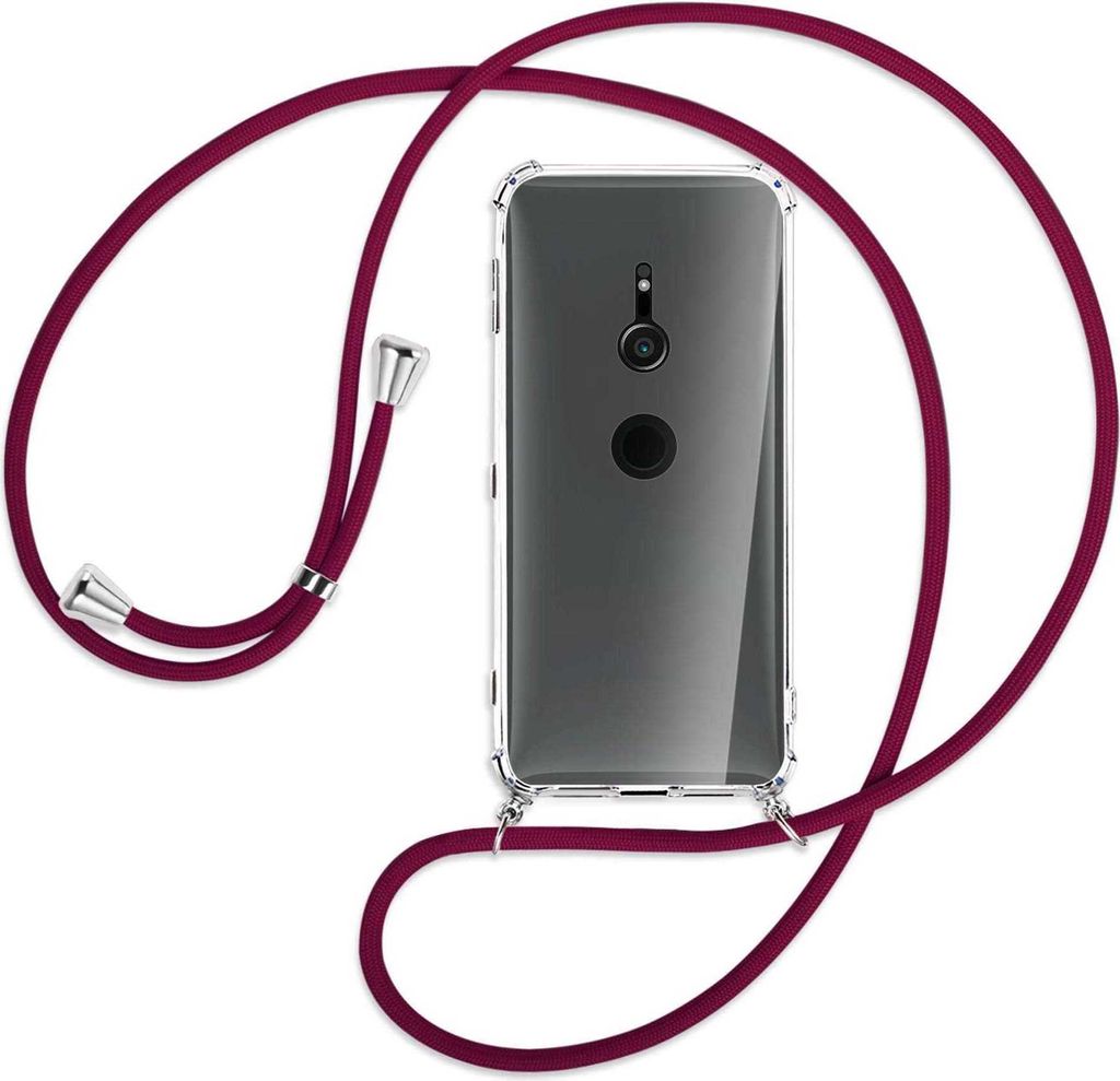 Handykette Backcover-Schutzhülle mit Band (Metall silberfarben) für Sony Xperia XZ2 - dunkelrot