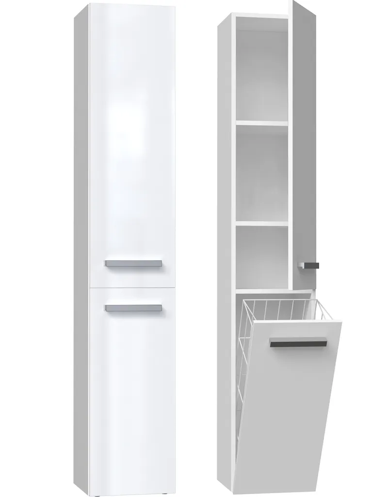 Meuble colonne de salle de bains blanc laqué Nel IV avec panier à linge