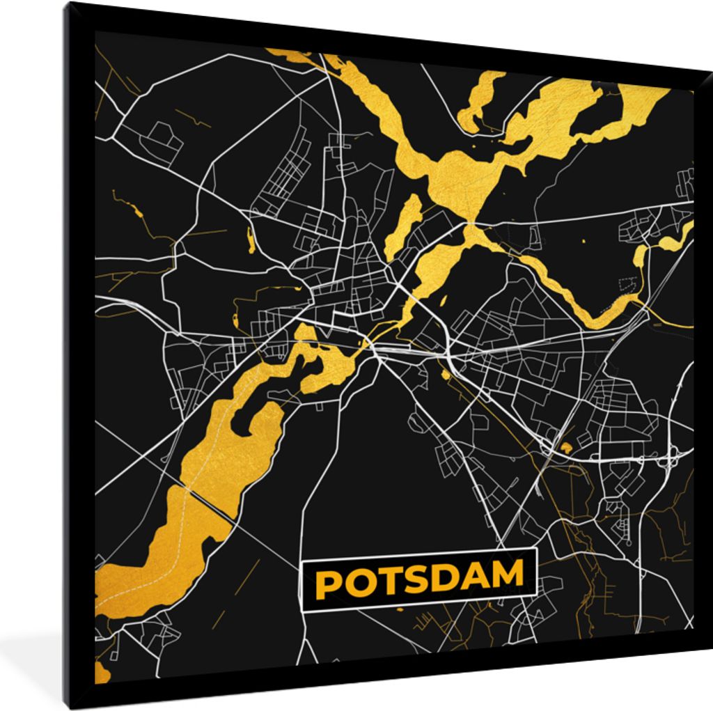 MuchoWow Gerahmtes Poster Potsdam - Stadtplan - Gold - Karte - Deutschland 40x40 cm - Poster mit Schwarzem Bilderrahmen Wandposter Rahmen Foto Bi...