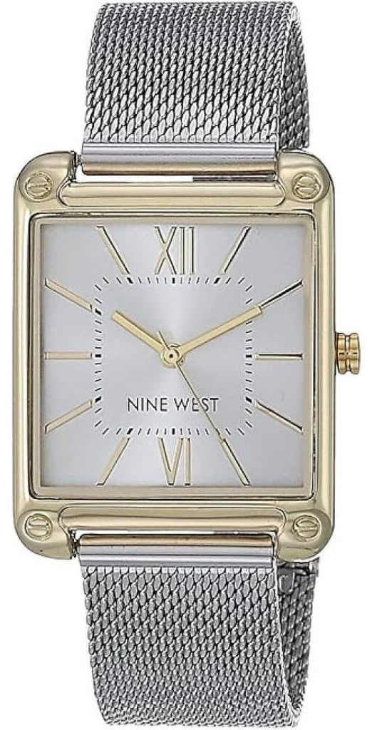 Nine West Damen Quarz Uhr NW/2091SVTT mit rechteckigem Gehäuse, Milanese-Stahlarmband, Silber-Gold und römischen Ziffern