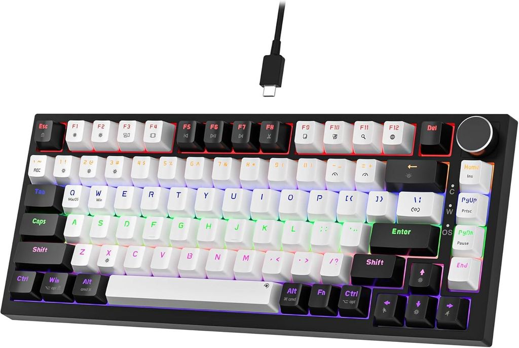 Mechanische Tastatur mit Kabel,Tastatur 75 Prozent,TKL Hot Swap LED Beleuchtung USB C Mechanische Tastaturen mit Knopf,für PC/Win/Mac,QWERTY Layout