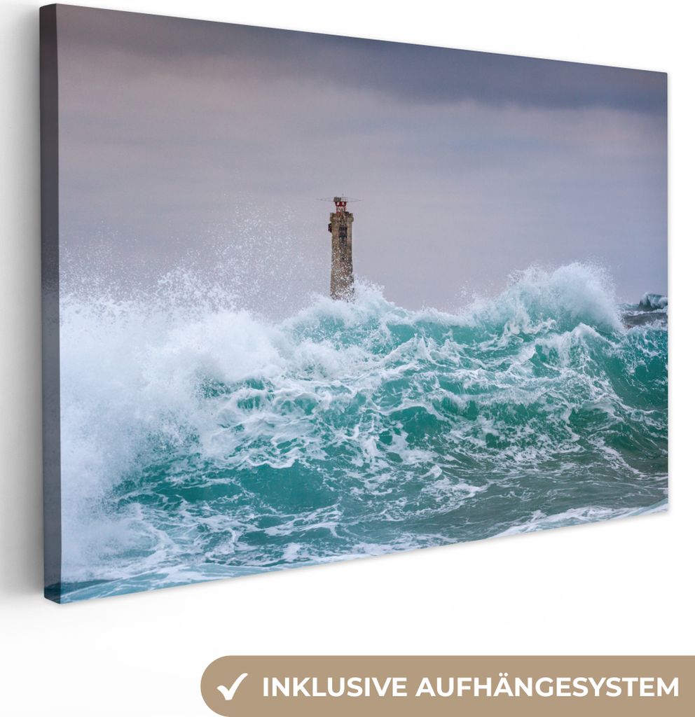 OneMillionCanvasses - Leinwandbilder - 140x90 cm, Leuchtturm im lebhaften Sturm, Wandbilder Kunstdruck Wanddekoration - Foto auf Leinwand - Gemä...