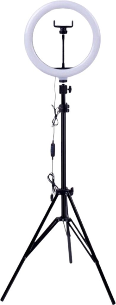 A ring light with a tripod stand and a phone holder.