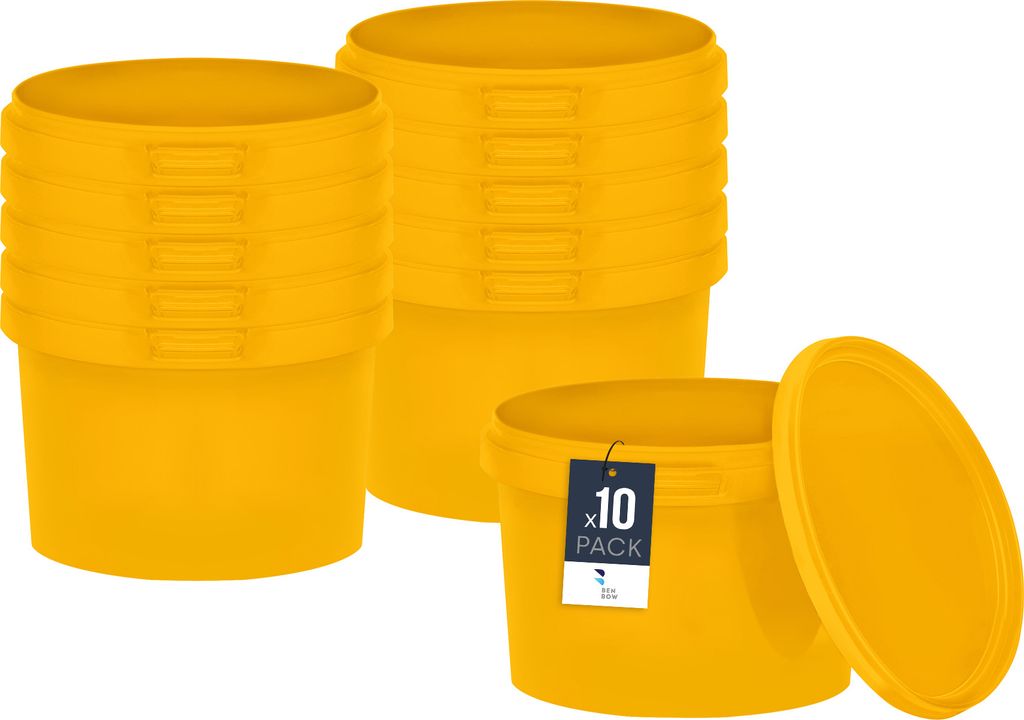 BenBow Eimer mit Deckel 0,5L x10 Gelb - lebensmittelecht, stabil, luftdicht, auslaufsicher, geruchsneutral - Plastikeimer mit Henkel - leer