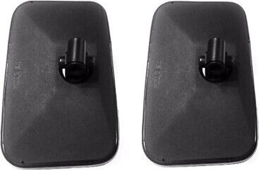 Two black rectangular mirrors with mounting posts are shown from the back on a white background.