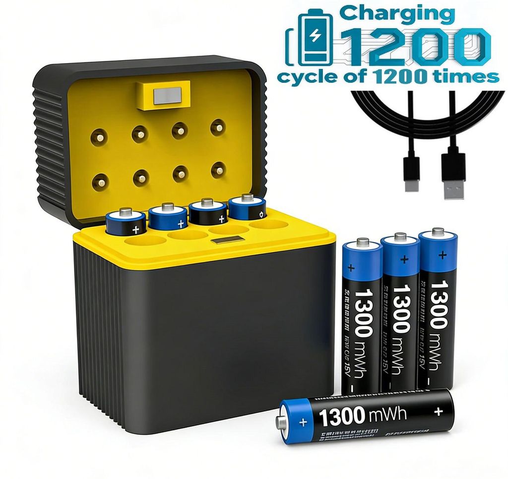 Wiederaufladbare AA Lithium Akku, 8 Stuecken 1.5V Lithium AAA Batterien mit Ladegeraet, ueber 1200 Zyklen und 1300mWh Hohe Reale Kapazitaet Wiedera...