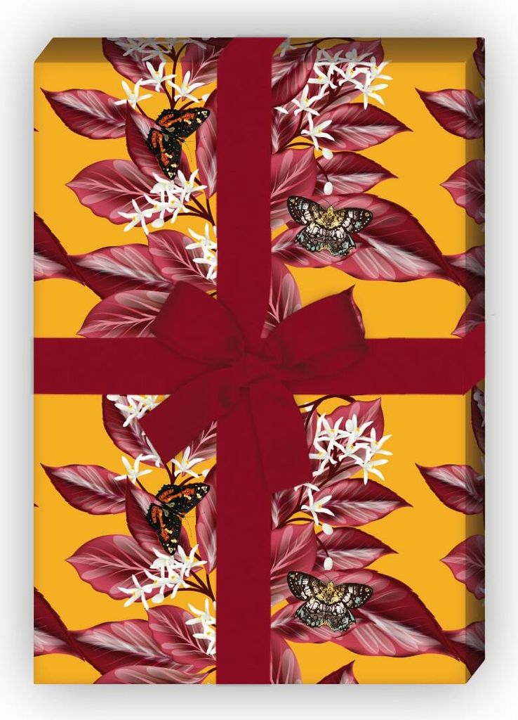 Elegantes Geschenkpapier mit Pflanzen Streifen und Schetterlingen, gelb - G8245, 32 x 48cm