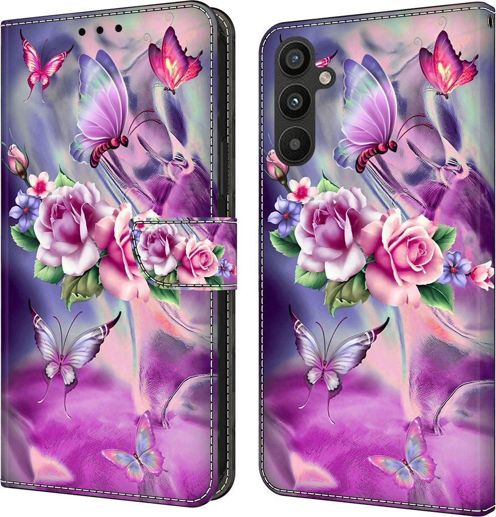 CLM-Tech Hülle kompatibel mit Samsung Galaxy A34 5G - Tasche aus Kunstleder - Klapphülle mit Ständer und Kartenfächern, lila Blumen Schmetterlinge