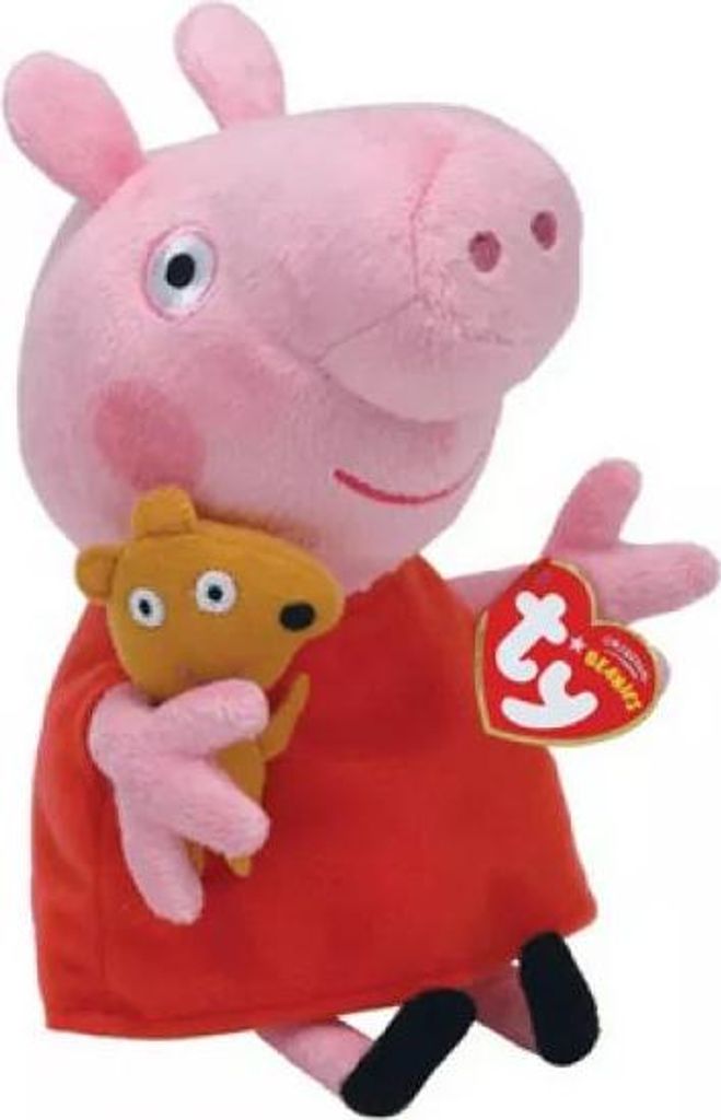 A plush toy of Peppa Pig holding a small brown teddy bear.