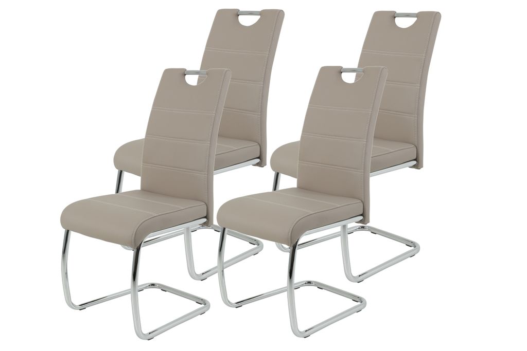 Hela Tische, 4er Set Esszimmerstuhl Freischwinger Flora - Bezug Kunstleder Beige - Metallgestell Rundrohr verchromt - 120kg belastbar -Lehne mit Griff