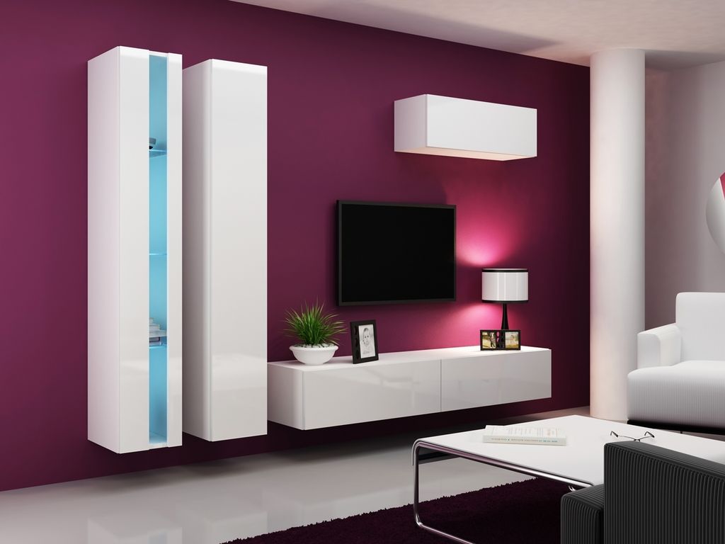 Wohnwand Wohnzimmer - Set Medienwand VIGO NEW 1A weiß / weiß Hochglanz mit Hängeschränke und TV-Lowboard 260 cm breit