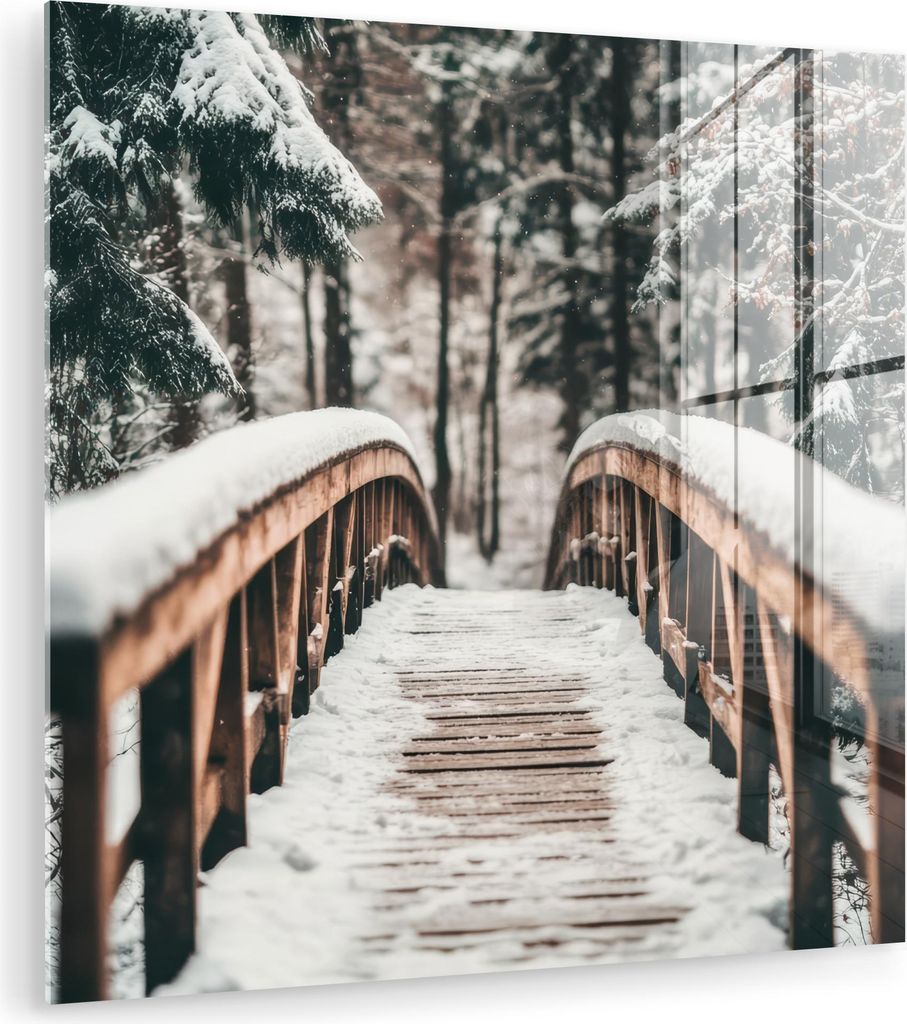 MuchoWow Glasbilder - Bilder auf Wandbild - Foto auf Glas Brücke - Winterlandschaft - Wald - Natur - Schnee 50x50 cm Wanddekoration aus Glas - Acr...