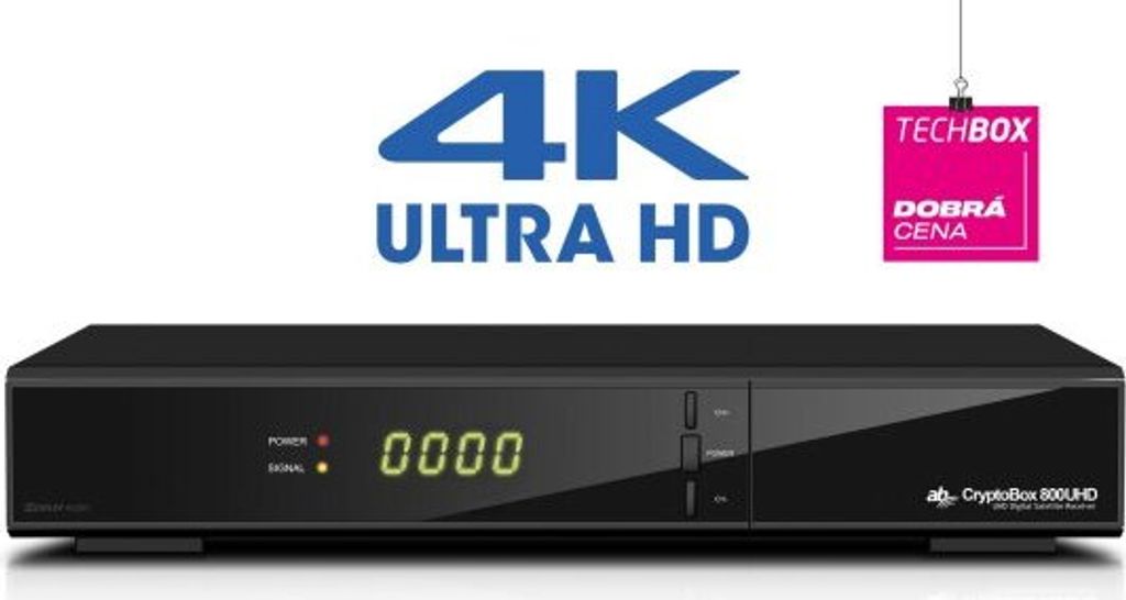 A product shot of a black satellite receiver with marketing text and logos above it.