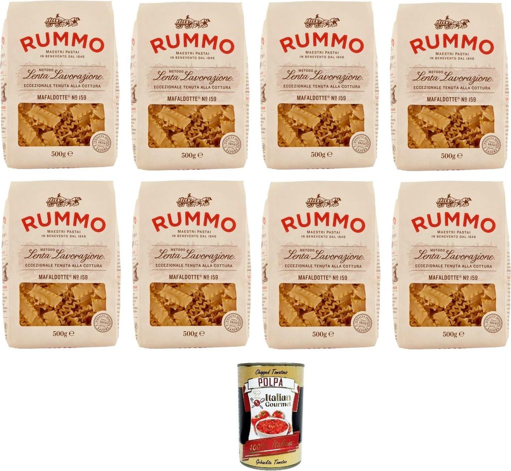 Rummo Mafaldotte N°159 Pasta Lenta Lavorazione Teigwaren aus Hartweizengrieß Bronze-Zeichnung 8x 500gr + Italian Gourmet polpa 400g