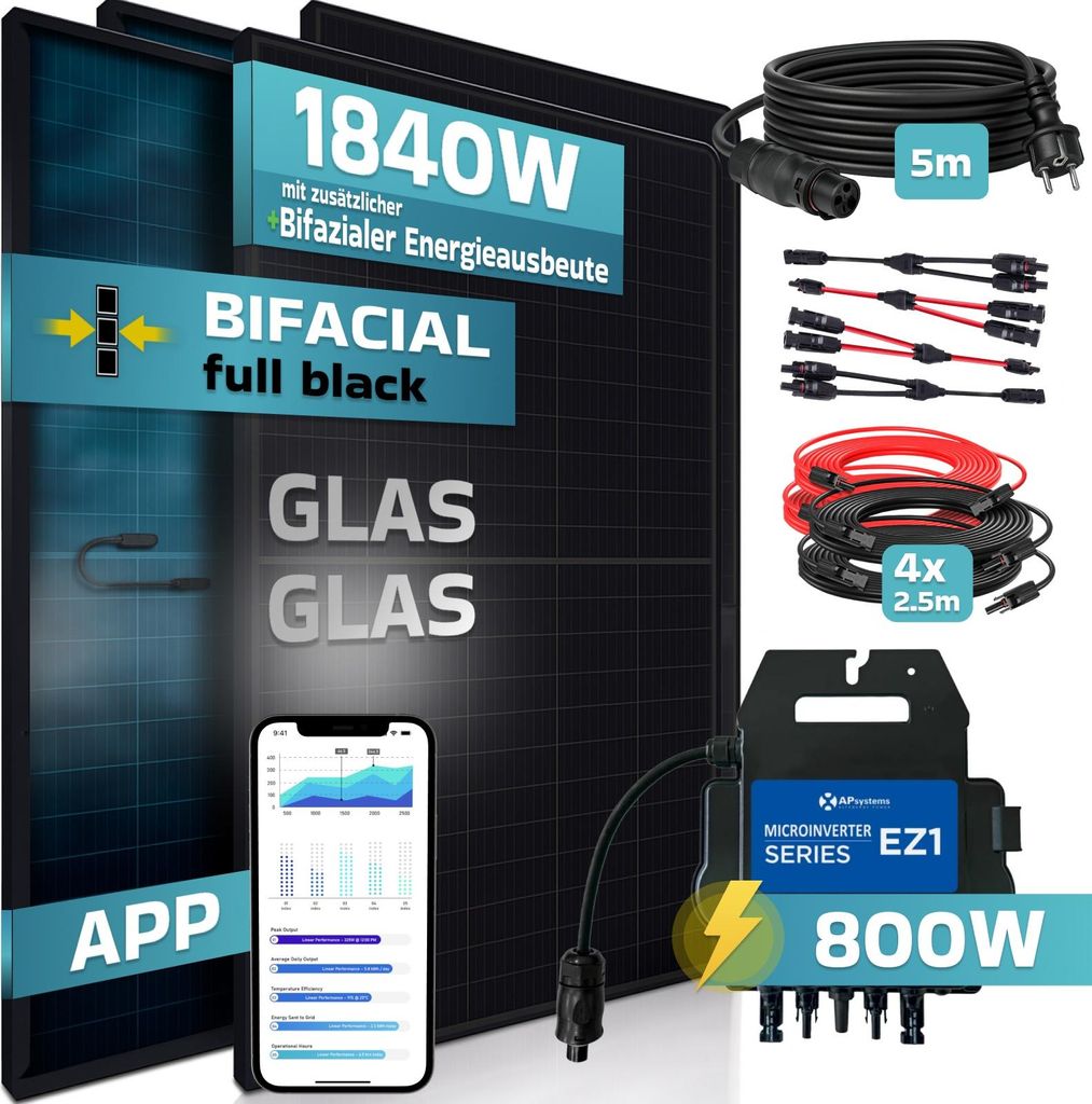 SUNNIVA 1840W Balkonkraftwerk BIFAZIAL FULLBLACK komplett Steckdose AP Systems EZ1-M 800W Wechselrichter, Solaranlage 4x460W Glas Solarmodule,5m Kabel