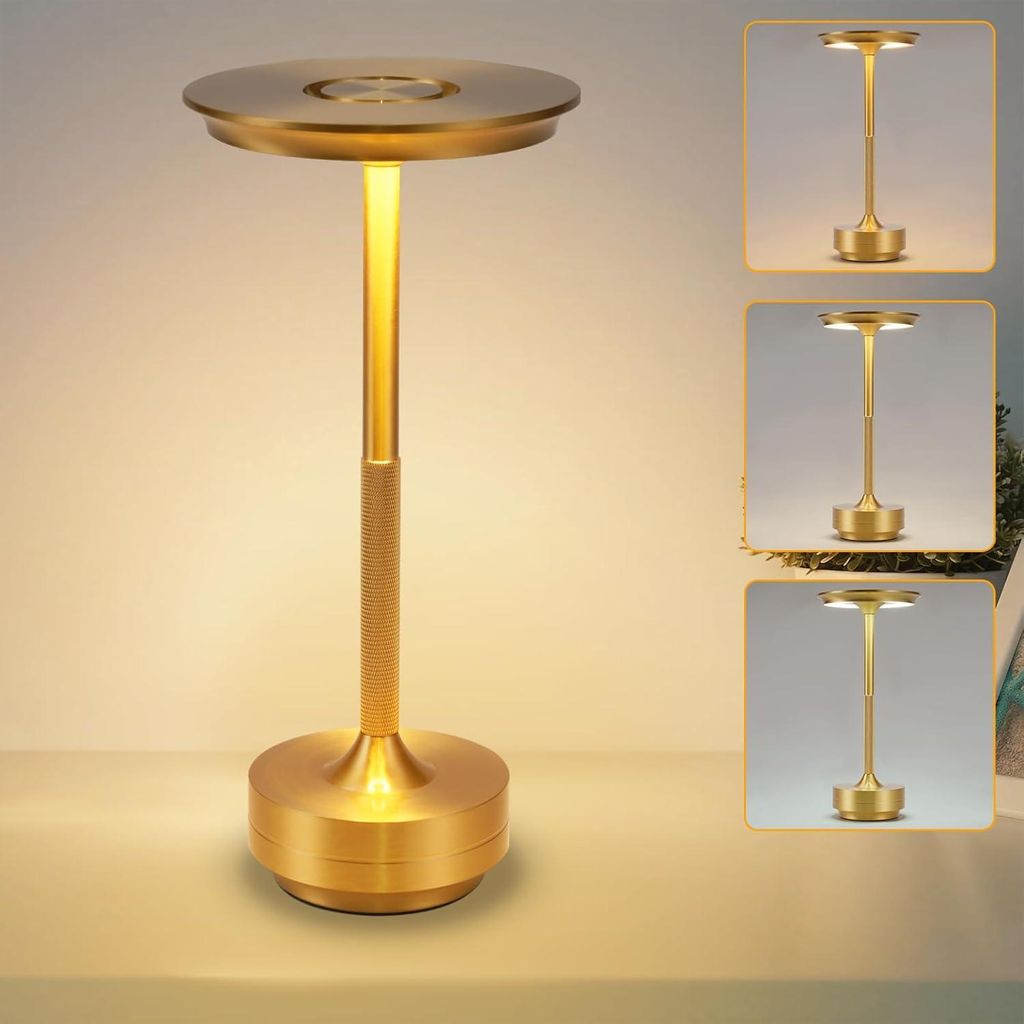 Kabellose Dimmbare LED Akku Tischleuchte Touch Tischlampe Lampe Wohnzimmer Nachttischlampen Dreifarbiges Licht Gold
