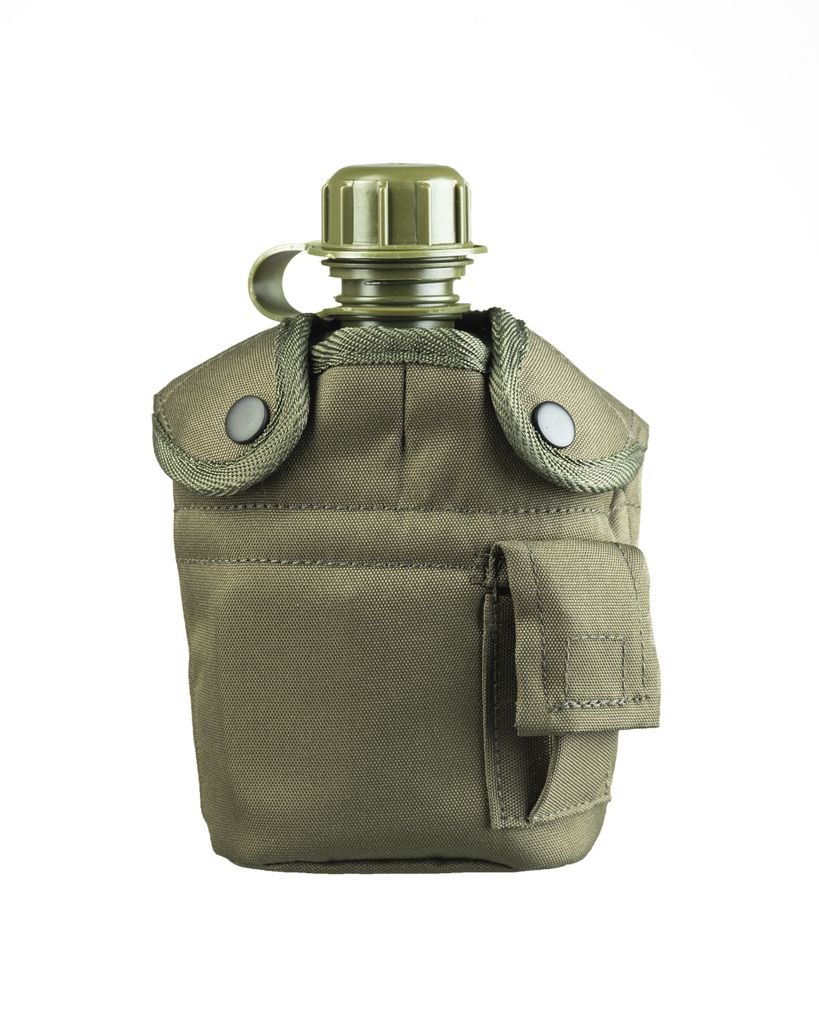 A military-style water bottle with a fabric cover and a small pouch.
