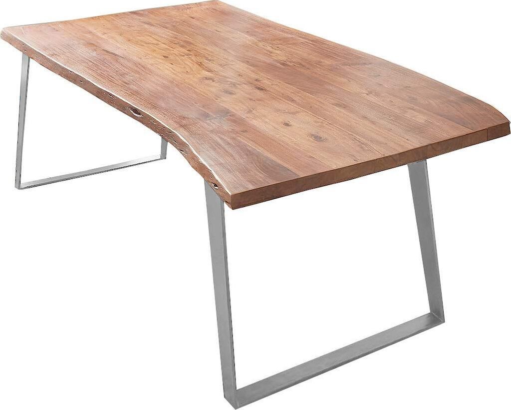 Esszimmertisch 140x80 cm Havanna, Baumkantentisch naturfarben, Akazienholz massiv, schräges U-Gestell Metall Silber
