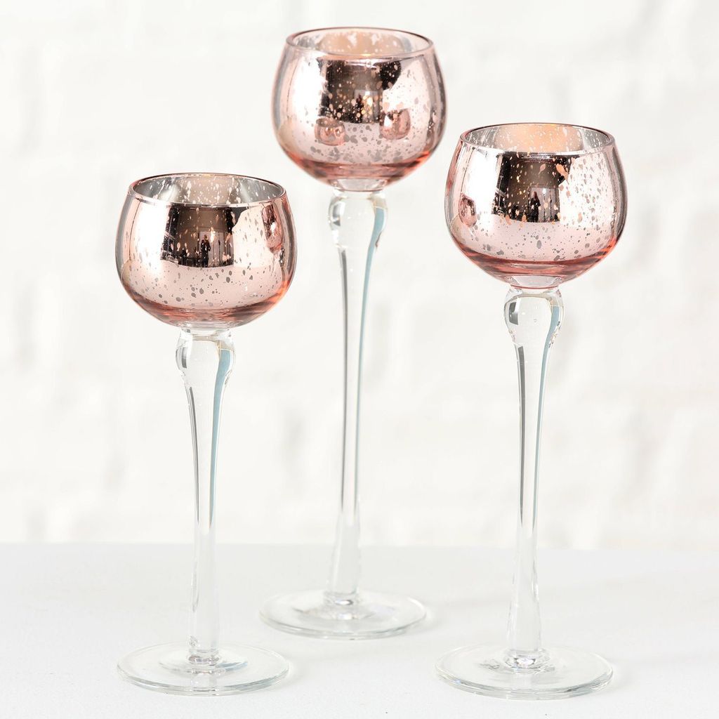 Windlicht Minou Pokal aus Glas rosa H 18 - 22 cm 3er Set Produktbild 