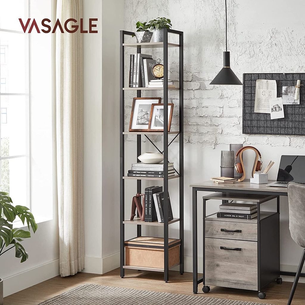 VASAGLE Bücherregal, Stahlgestell, Büroregal, Kippschutz, mit 6 Ebenen
