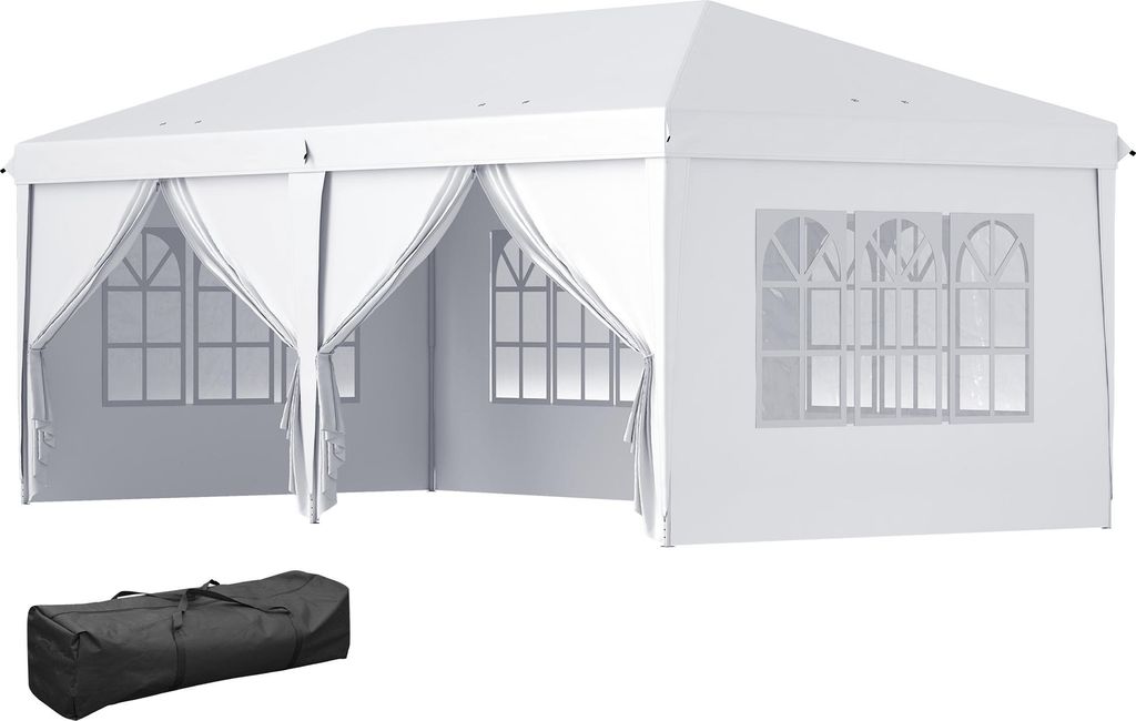 Faltpavillon 6x3 m wasserdicht, 6 Seitenwände, Reißverschluss, Stahl, Weiß