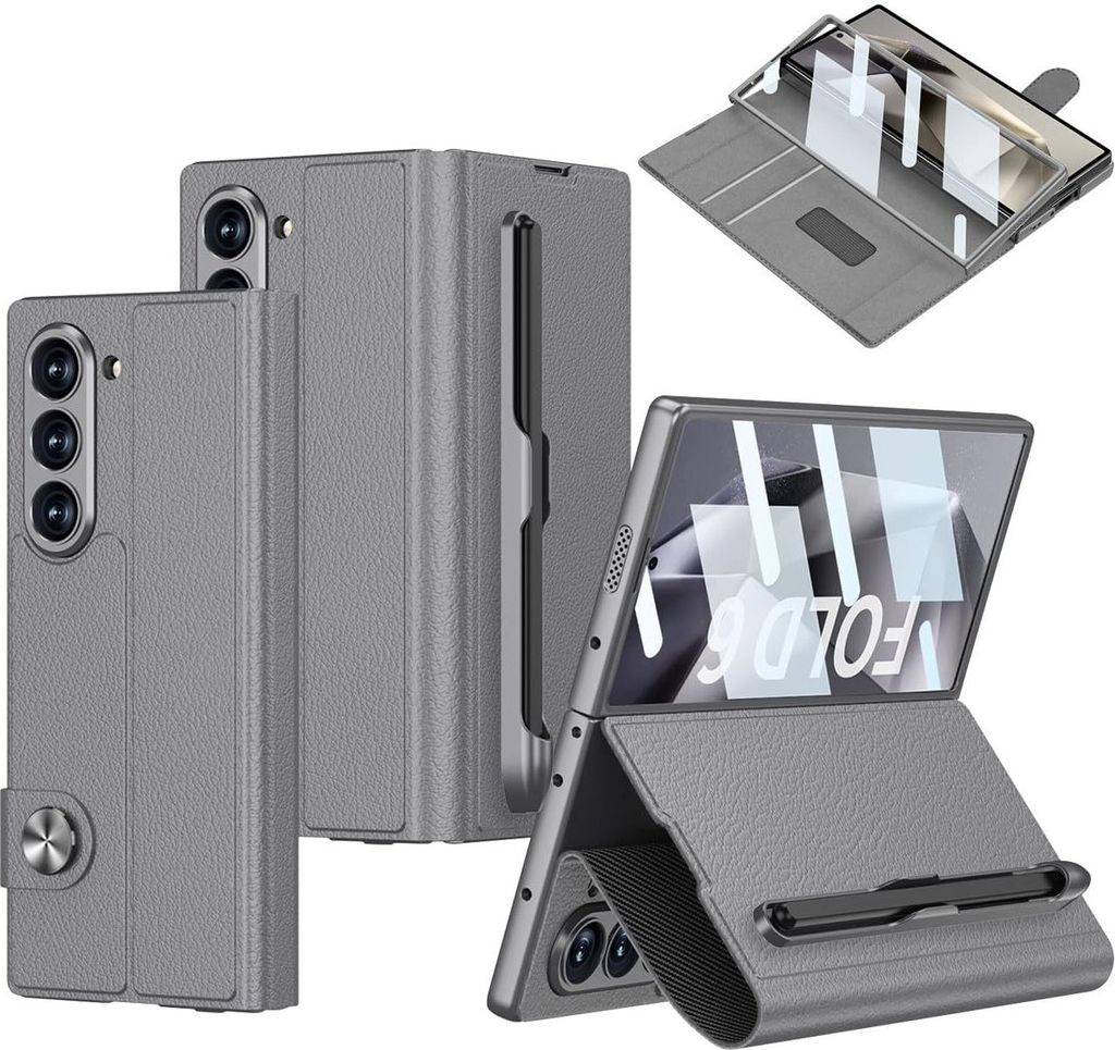 Handyhülle für Samsung Galaxy Z Fold 6 Hülle mit Displayschutz, Stander Leder Klapphülle mit Kartenhalter & Magnetverschluss & Stifthalter Grau