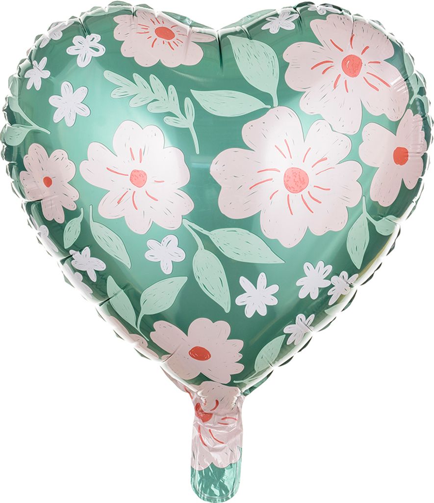 Folienballon Herz mit Blumen 35cm grün rosa Produktbild 