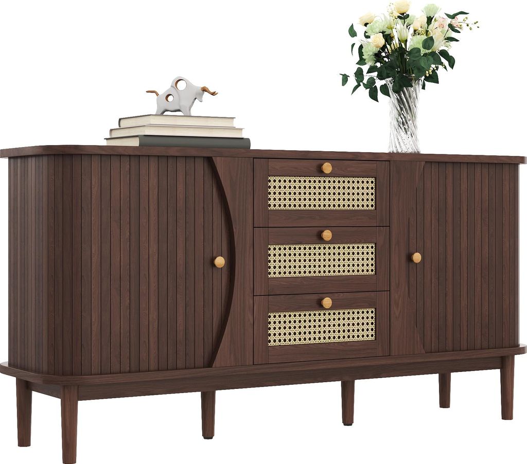 Sideboard Kommode mit 3 Rattanschubladen & 2 Schiebetüren, Anrichte in Walnuss-Optik, höhenverstellbare Böden, 140,5x40x76 cm, Wohnzimmer Flur