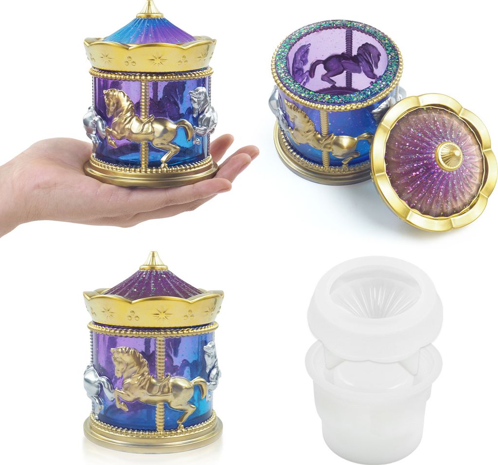 1 Set Harzformen Karussellpferde Jar Silikonform mit Deckel Easy Freisetzung Epoxidform Aufbewahrungsbox Behälter Dekoration Harz Guss DIY Craft Gift