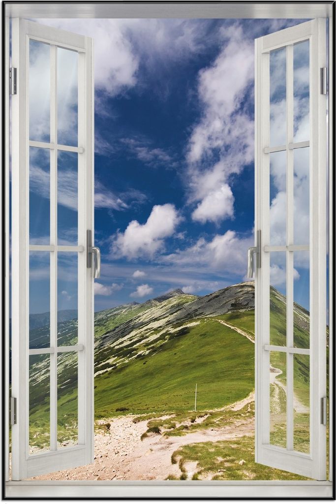 Wallario Wandbild mit Fenster-Illusion: Alpenluft, Größe: 61 x 91,5 cm, Poster mit schwarzem Aluminiumrahmen