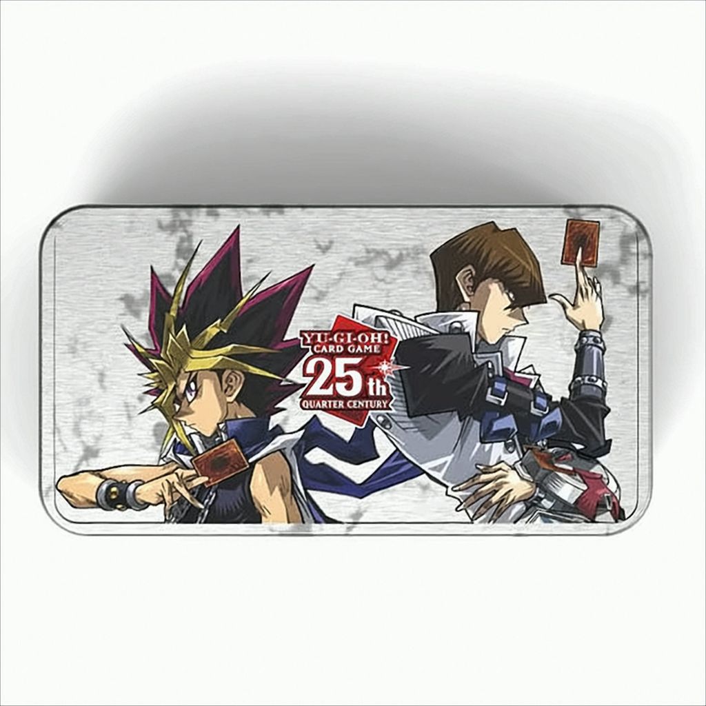 A tin box featuring artwork of Yu-Gi-Oh! characters Yugi Muto and Seto Kaiba, with the Yu-Gi-Oh! Card Game 25th Quarter Century logo.