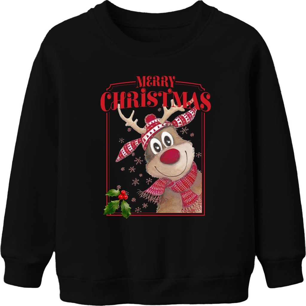 Merry Christmas Rentier Rudolf - Weihnachten Weihnachtsgeschenk Christmas Uni Kinder Weihnachtspullover, Schwarz, 104