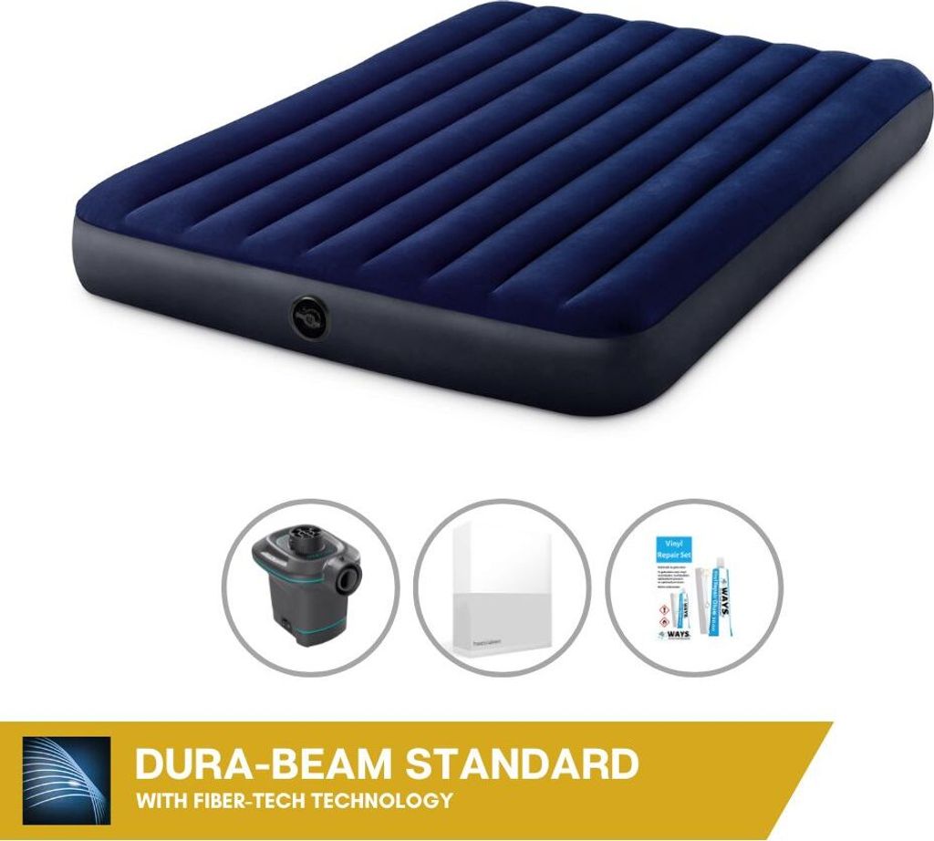 Intex Luftbett - 2 Personen - 152 x 203 x 25 cm cm - Blau + Intex Elektropumpe - 650 Liter/Min + Spannbettlaken Weiß + Reperaturset