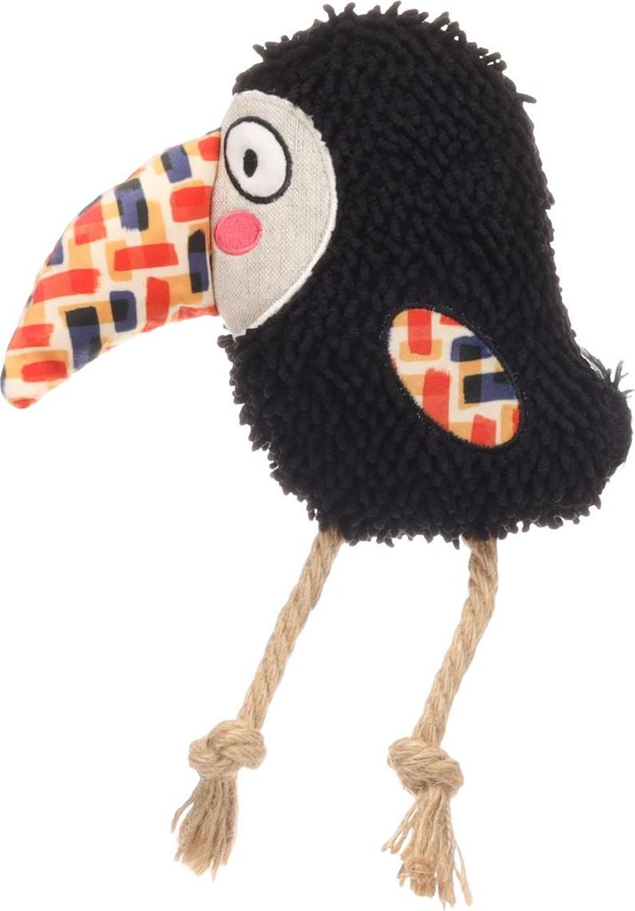 Flamingo Saffia Vogel Spielzeug mit Seil – Schwarz, Mit Quietscher für Extra Spielspaß – Perfekt für Hunde
