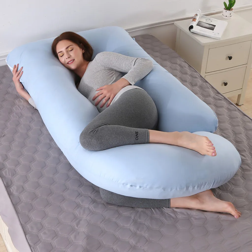 Coussin de maternité grand format bleu pour dormir sur le côté en J - 11