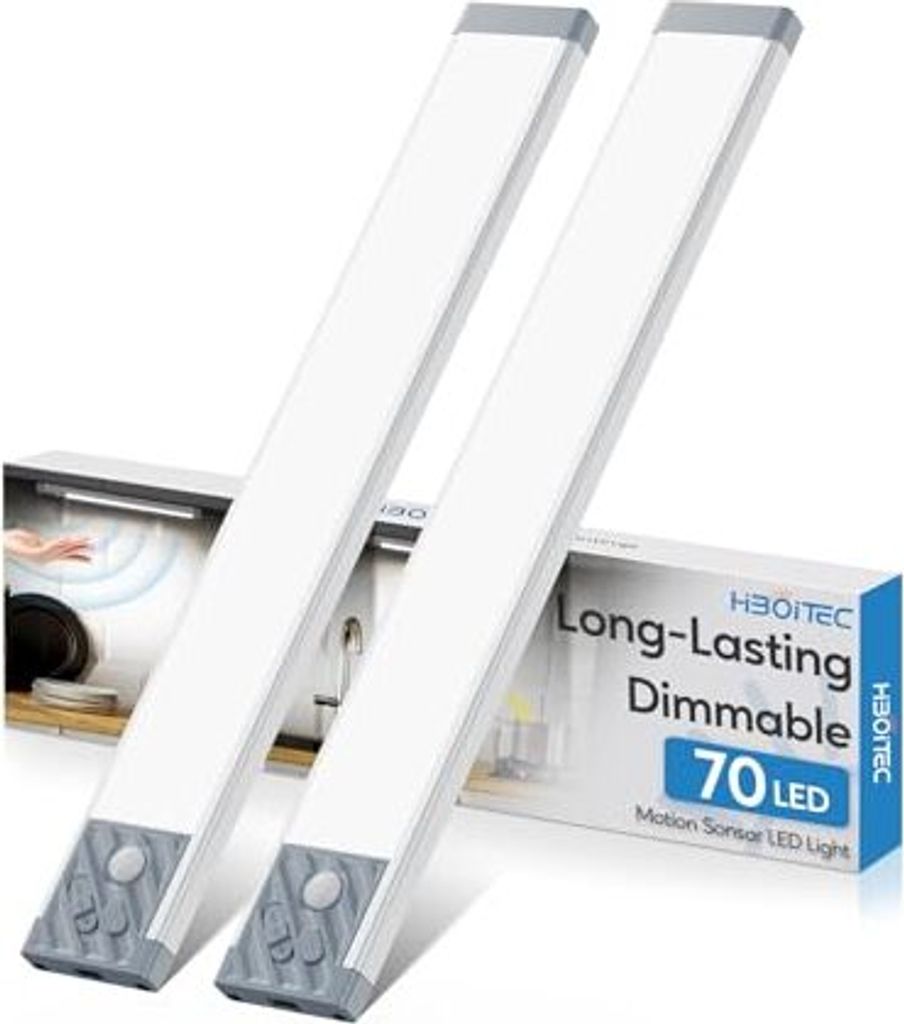 Hiboitec-Schrankbeleuchtung Wireless 32,5 cm 2500 mAh Dimmbare Bewegungssensor 70 LED-Licht unter Einheit Streifen Batterie Weiß weiß
