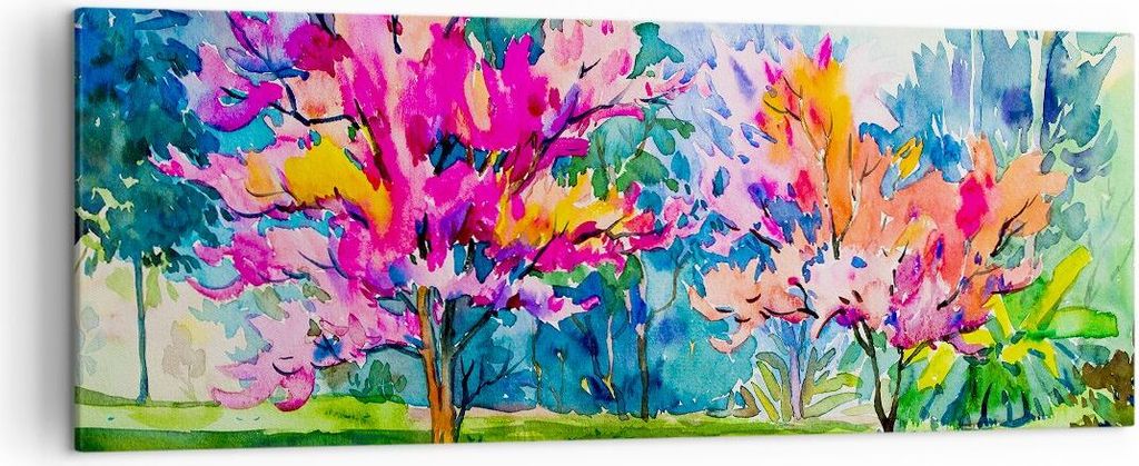 Bild auf Leinwand - Leinwandbild - Bäume Mehrfarbig Natur Frühling - 140x50cm - Wand Bild - Wanddeko - Leinwanddruck - Bilder - Kunstdruck - Lein...