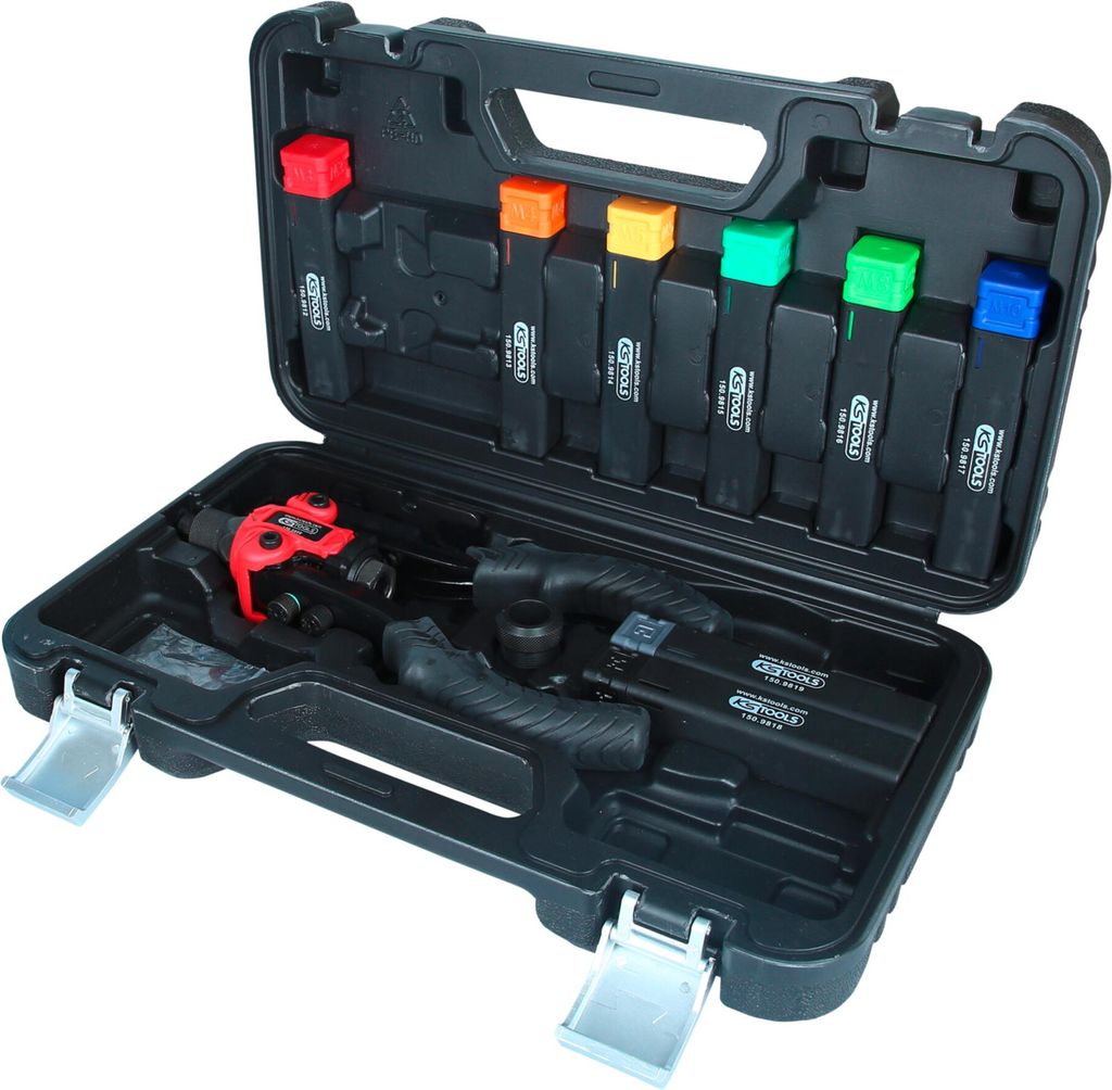A black plastic case containing a rivet gun and various colored attachments.