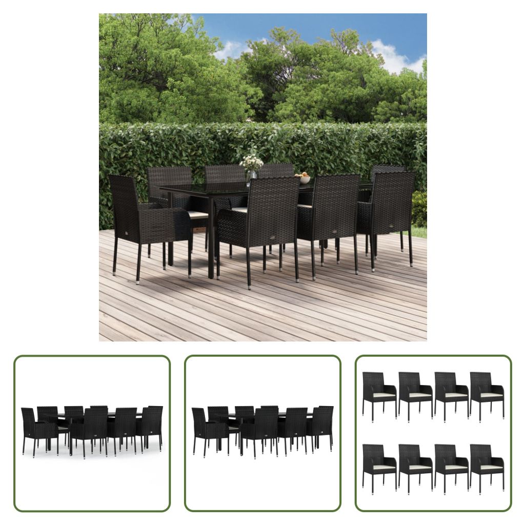 The Living Store 9-tlg. Garten-Essgruppe mit Kissen Schwarz Poly Rattan
