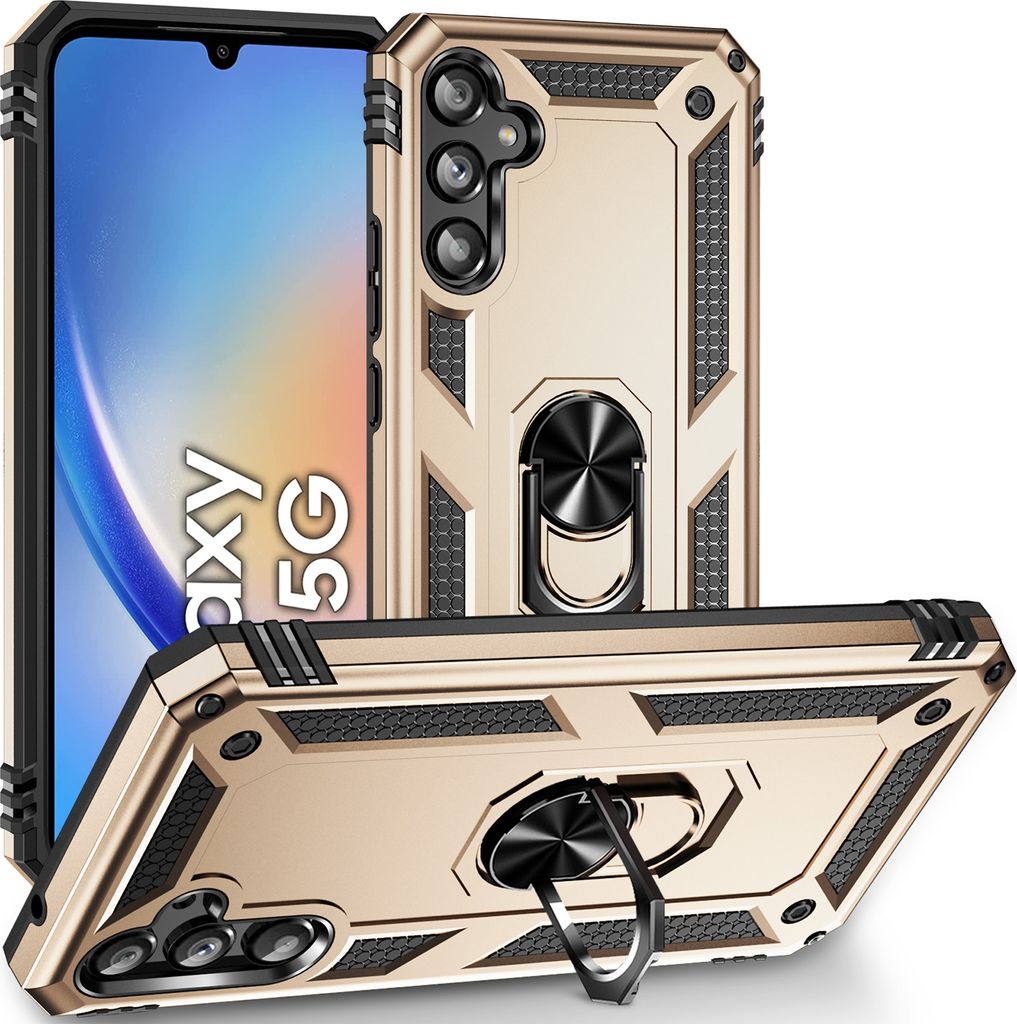 Schutzhülle für Samsung Galaxy A34, Dual Layer Robust Militäre Fallschutz Hülle mit Ringhalterung Ständer Gold