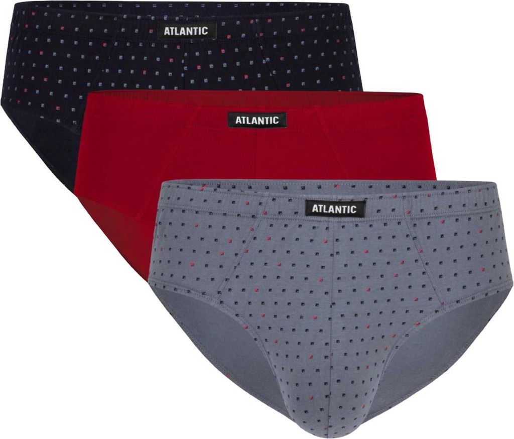 Atlantic Herren Baumwoll Slips - Klassischer Schnitt, Weicher Print, 100% Baumwolle, 3er Pack, Schwarz/Khaki/Grau/Rot/Marineblau, Bequeme Unterwäs...