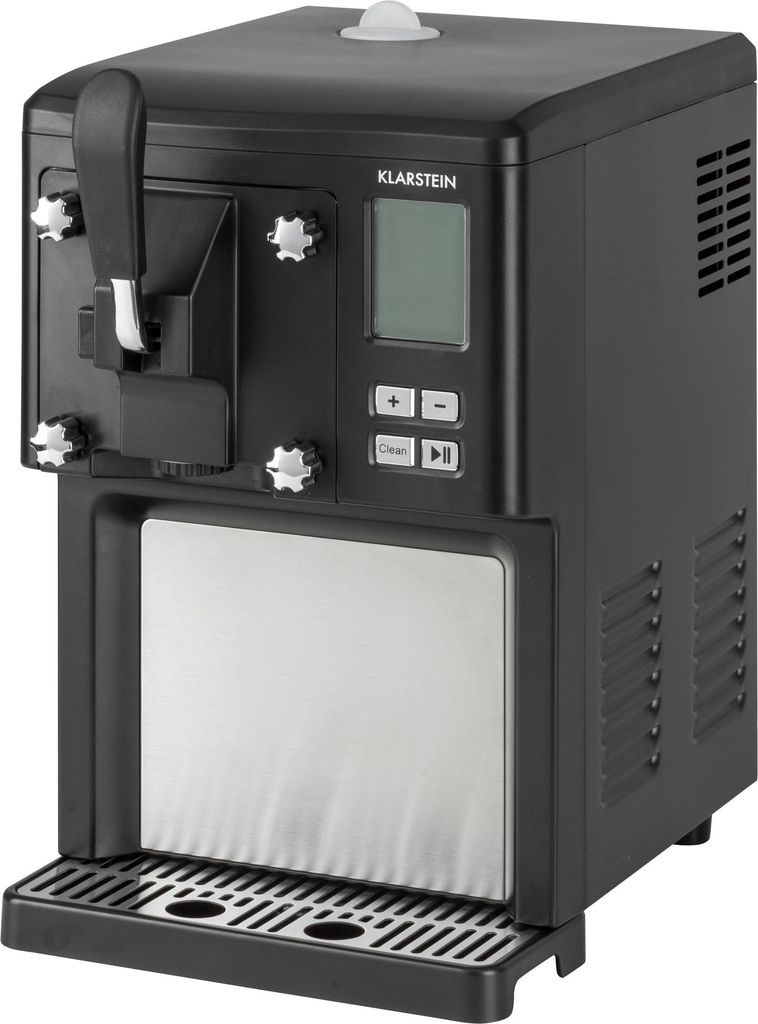 A black ice cream maker with a silver drip tray and control panel.