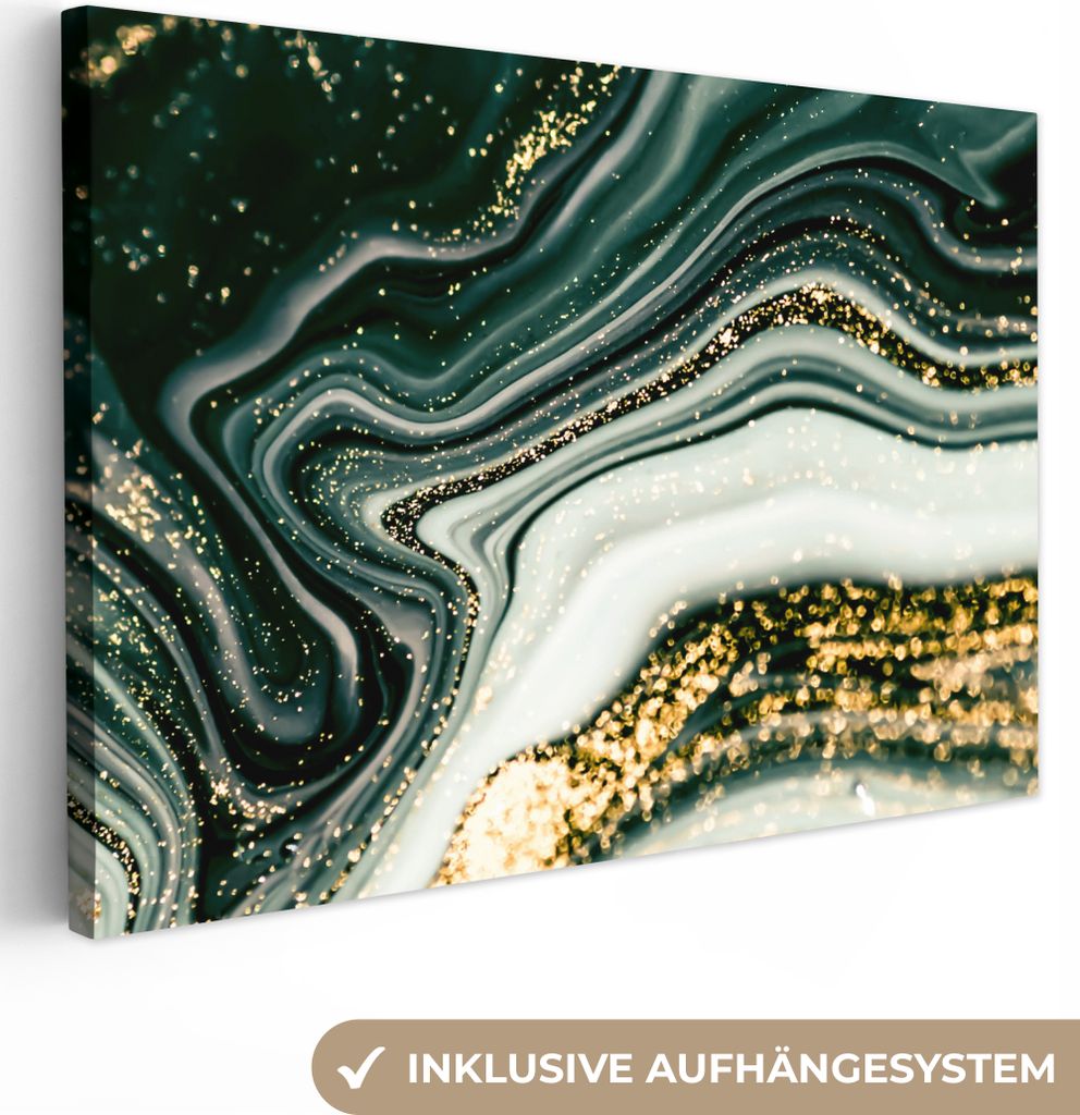 MuchoWow - Leinwandbilder - Marmoroptik - Gold - Grün - Glitter - Design - Marmor, Wandbild, Wanddeko Bilder Wohnzimmer, 90x60 cm