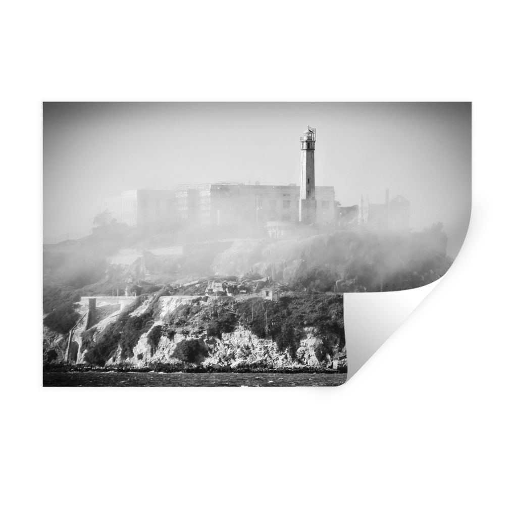 MuchoWow Wandtattoo Wandsticker Wandaufkleber Schwarz-Weiß-Fotografie von Alcatraz Island in Amerika im Morgennebel 90x60 cm Selbstklebend und R...