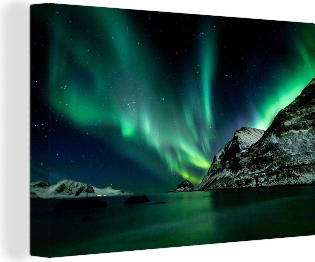 OneMillionCanvasses - Leinwandbilder - 140x90 cm, Nordlichter - Strand - Norwegen, Wandbilder Kunstdruck Wanddekoration