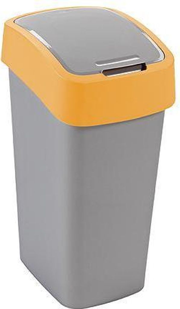 A grey and orange flip-top bin against a white background.